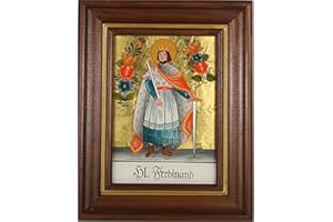 Hinterglaswerkstätten - Hinterglasbild / Patronatsbild Hl. Ferdinand mit braun gebeizten Holzrahmen, handbemalt mit Legende des Heiligen auf der Bildrückseite, ca. B: 12,5 x H: 16 cm