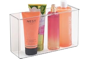mDesign Organizador de pared sin taladro – Organizador de armarios de plástico para pegar en paredes o puertas – Recipiente organizador para accesorios de baño y cosméticos – transparente