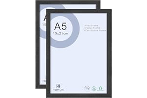 YEEPHAN Cadre photo noir 8 x 6 pouces/A5 Cadre photo 21x15cm en bois massif avec façade en Plastic glass pour décoration intérieure et affichage mural, à poser ou à fixer au mur, 2 packs