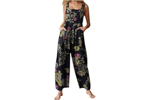 BTBDYDH Overalls for Women Casual Loose Dungarees Boho Floral Soft Cotton Linen Baggy Jumpsuit Adjustable Straps with Pockets