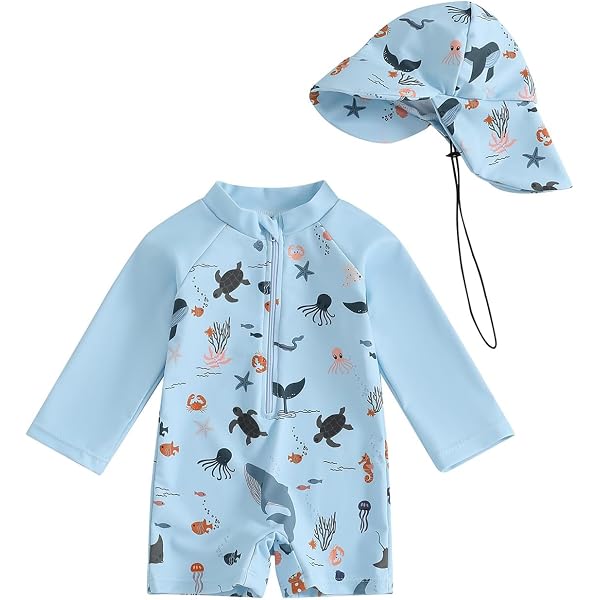 Maillot De Bain 2 Pièces Bébé Garçon/fille - Combinaison Manches Longues + Chapeau Large Bord - Anti-UV - Tissu Doux 92% Polyester 8% Spandex - 4