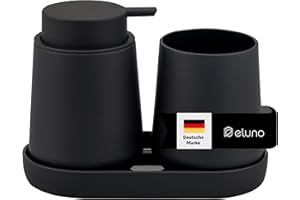 eluno Badezimmer-Set TESERO mit Soft-Touch Oberfläche, Bad-Accessoires Set 3tlg. bestehend aus 1x Seifenspender, 1x Becher und 1x Schale, ideal für Badezimmer und Küche aus Kunststoff (Schwarz)