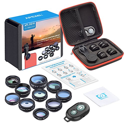 APEXEL 11 in 1 Phone Kit obiettivo fotocamera Wide Angel & Macro Lens + Obiettivo fisheye + Teleobiettivo + CPL / Flow / Radial / Star Filter + Obiettivo caleidoscopio + Otturatore Bluetooth per iPhone Samsung Huawei HTC e la maggior parte degli smartphone Andriod