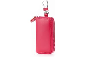 HUWEI Unisex Mens Womens Premium Leather Car Key Holder Bag Case Credit Card Holder Wallet, Rose Red