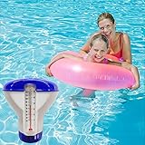 Práctico dosificador químico para la adición dosificada de aditivos al agua de la piscina. El termómetro facilita la lectura de la temperatura actual del agua en grados Celsius y Fahrenheit