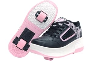 HUSK'SWARE Ragazzi Ragazze Scarpe da Skateboard con 2 Ruote Automatiche, Pattini a rotelle per Bambini con Doppie Ruote, Scarpe da Fitness per Esterno Sneakers, Nero-Rosa, Nero-Bianco, 31-39 EU