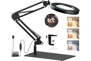 GOI 8X Magnifying LED Desk Lamp with Base & Clamp,Dimmable Magnifying Glass,3 Color Modes,10 Adjustable Brightness 2-in-1Magnifying Glass with Light and Stand,Adjustable Swivel Arm Lamp Craft Light