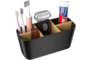 Noxtioanip Toothbrush Holder, Zahnbürstenhalter mit Bambus Trennwände, 5 Fächer Multifunktional Elektrische Zahnbürste Halterung, Bad Accessoires, für Büro, Wohnzimmer, Eitelkeit Countertop (Schwarz)
