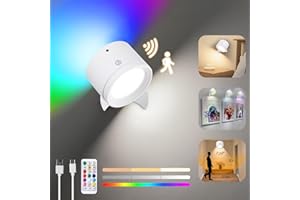 YOLIN Battery Operated Rechargeable Wall Light Indoor, Motion Sensor Light, Remote Wireless Led Magnetic Wall Sconce Light Lamp, Dimmable 3 CT and 10 RGB Colors, Bedside Picture Light for Bedroom