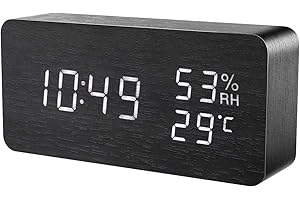 ORIA Cyfrowy budzik LED, nowoczesny zegar stołowy, budzik podróżny, budzik z kontrolą dźwięku, 3 poziomy jasności, 3 alarmy, data, godzina, temperatura, wilgotność