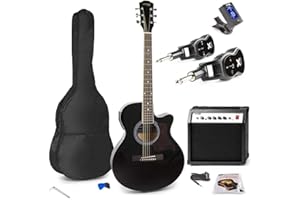 MAX ShowKit Elektro Akustik Gitarre Set mit Verstärker 40 Watt, Gitarrentasche, Gitarrenstimmgerät, Kabel, Plektrum und Sender & Empfänger, E Akustikgitarre mit Tonabnehmer - Schwarz