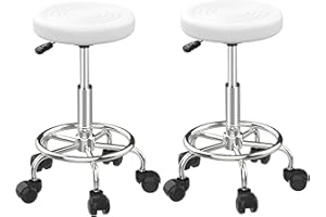 Rcynview 2X Taburete de Bar, Taburete con Ruedas Giratorio en 360°, Silla Escritorio Blanca, Sillas de Cocina Regulables en Altura en Piel Sintética, Silla de Trabajo Acolchado con Reposapiés, Acero