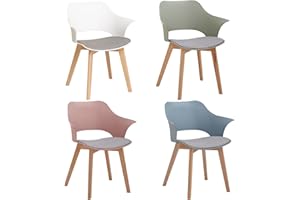 JZGORC Set di 4 Sedie da Pranzo Moderne, Sedia da Pranzo in Stile Nordico con Braccioli, Gambe in Faggio, Sedia da Cucina Imbottita in Plaid di Lino - Bianco+Rosa+Verde Chiaro+Azzurro
