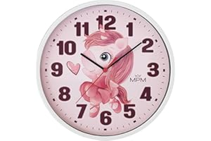 ‎MPM QUALITY MPM Quality Design Kinder Wanduhr aus Kunststoff, Made in EU, Weiß/Lila, Motiv Einhorn, Quarz-Uhrwerk, Moderne Wanddeko, Runde Kinder Uhr, ∅ 250 x 20 mm, für Kinderzimmer, Kindergarten, die Schule