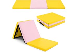 GYMAX Tapis de Gymnastique Épais Pliable 180x60x5cm, Combinaisonable avec Attache Auto-Agrippante, Housse en Simili Cuir, Portable avec Poignées de Transport, pour Yoga, Fitness, Étirement