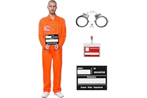 Angenster Gefängnis Kostüm Orange, Häftling Kostüm Gefangener Kostüm Herren Orangener Overall mit Handcuffs Informationstafeln Namensschild, Knast Kostüm Verbrecher Kostüm für Halloween