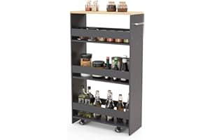 Giantex Carrello portaoggetti da 20 cm, grande, carrello con ruote a 4 livelli con maniglia, 3 barre, mobile da cucina stretto, per bagno, soggiorno, 47,5 x 20 x 80,5 cm (grigio+naturale)