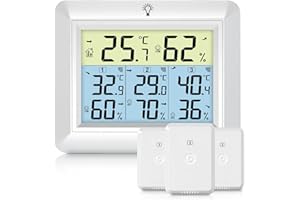 Urageuxy Wetterstation Funk mit 3 Außensensor - Wetterstation mit 100m Reichweite, Digital Hygrometer Thermometer mit Hintergrundbeleuchtung, MIN/MAX-Aufzeichnung, Einfache Bedienung (Weiß)