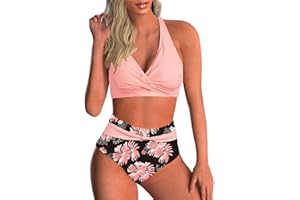 Yutdeng Bikinis Mujer Braga Alta Push Up Cuello V Bañadores Mujer Natacion Retro Trajes de Baño de Dos Piezas Control del Vientre Biquini Reductores Barriga Bikini Triangulo