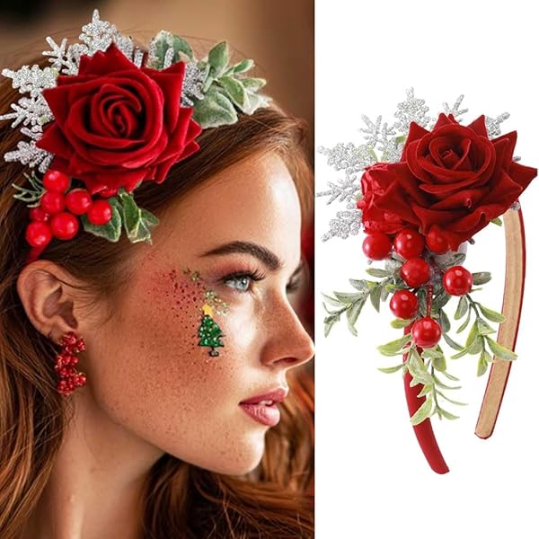 Serre-tête De Noël Femme - Perles Et Cristaux Rouges/Verte - Élastique Confortable - Accessoire Festif