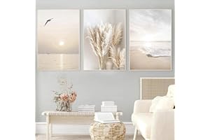 DLKAJFK Nowoczesny obraz ścienny, zestaw plakatów, naturalny krajobraz, plaża, liście trzciny, białe róże, druk na płótnie, dekoracja ścienna, tło, zestaw plakatów, bez ramy (plaża, 3 szt., 50 x 70