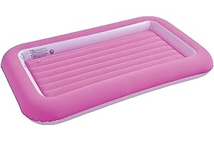 ECASA Inflatable kids mattress for camping, sleepovers and travel. Junior air beds in pink or blue with a soft flocked surface. Inflatable bed with bed bumper for kids. (Pink)