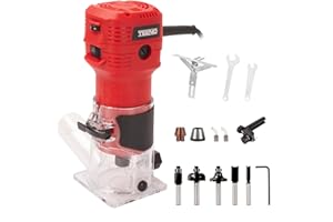 TEENO Compact Electric Hand Wood Trimmer 650W 15000-32000 RPM,with Dust Cover,6 Variable Speeds,Profession Router Trimmer with 5PCS 1/4" Shank Router Bits,Includes Base 6/6.35mm