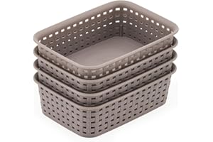 EZOWARE 4 pcs Pequeño Cestas de Almacenaje Multiuso, Cajas Bandeja Organizadoras Rectangular de Plástico con Efecto de Mimbre para Cajones, Cocina, Baño - Gris, 19,5 x 13,5 x 6 cm