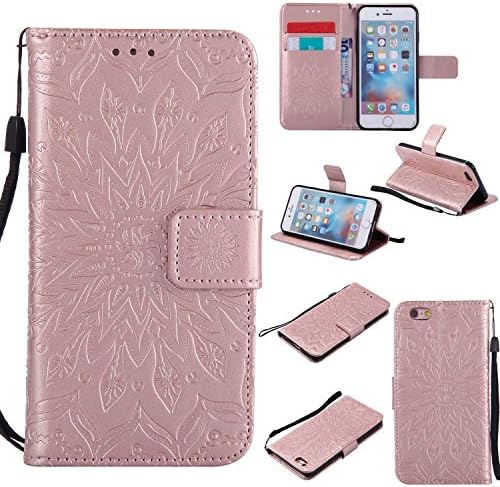 CUSKING Case for Apple iPhone 6 / 6s (4.7 Inch), Premium PU Leather Embossed Flower Wallet Stand Flip iphone 6 iPhone 6s Case Magnetic Shockproof Full Protective Case Cover with Hand Strap - Rose Gold
