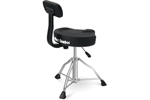 XDrum BeatSeat Taburete de batería con respaldo, asiento tipo sillín, soporte lumbar, tapizado en piel sintética negra, altura ajustable 45-60 cm, patas dobles antideslizantes de goma.