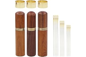 GELUODE Juego de 3 soportes para agujas de madera con 36 agujas de coser de rosca automática, cola dorada y 3 piezas de anillo de cobre, juego de agujas de coser para costura, bordado, manualidades