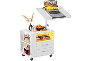 Lvhecforhm Comodino Bianco, Comodino con Illuminazione LED, Comodino con Piano Sollevabile e Ripiano Aperto, Comodino Mobile con Rotelle, Comodino con 2 Cassetti, Moderno Comodino Soggiorno 50x40x97cm