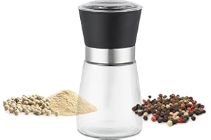 SNADI Młynki do soli, pieprzu i innych przypraw. Szklany korpus, elegancka kolorowa plastikowa głowica, ceramiczne łożyska. (CZARNY)