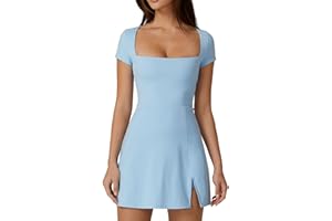 QINSEN Damen-Tenniskleid mit quadratischem Ausschnitt, kurze Ärmel, integrierte Shorts, Golfkleid mit Taschen