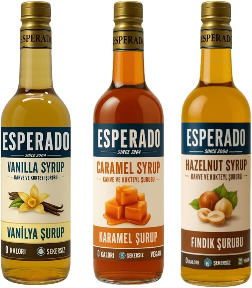 Esperado Vanilya * Karamel * Fındık Aromalı Kahve Şurubu - 3 Lü Set - Şekersiz - 750 Ml X 3 Ad.