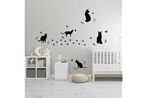 SUPERDANT Adesivo da Parete Gatto Nero Adesivi Muro Silhouette di Gatto Adesivo Muro Decorativo Farfalla Decorazione Da Parete Stampa Zampa Arte Animale Arte Fai Da Te Finestra Clings Kid Nursery