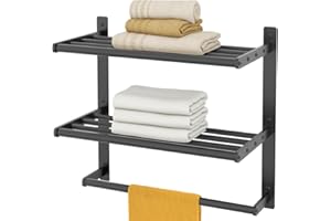 Bathroom Towel Racks with Towel Bar, Bethom 3-Tier Towel Shelf for Bathroom, 16 Inch Hotel Wall Mounted Towel Holder, Metal Matte Black Lavatory Bathroom Towel Rails, Waterproof and Rustproof