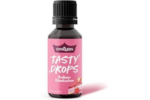 GymQueen Tasty Drops 30ml, Gotas de sabor sin calorías, sin azúcar y sin grasa, Gotas aromáticas para endulzar alimentos, Gotas de sabor sin colorantes artificiales, Tarta de Queso con Fresas