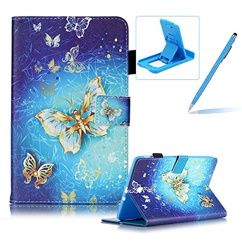 Für Samsung Galaxy Tab E 9.6 Zoll SM-T560 Leder Tasche Hülle,Für Samsung Galaxy Tab E 9.6 Zoll SM-T560 Leichter Wallet Kickstand Hülle,Herzzer Mode Hübsch [Luxus Schmetterling Gedruckt] Shockproof Kratzfest PU leder Mappen Geldbeutel Folio Abdeckung mit Karte Bargeld Schlitz Weiche TPU Innere Kasten Hülle Case für Samsung Galaxy Tab E 9.6 Zoll SM-T560 + 1 x Frei Blau Handy Halterung Ständer + 1 x Frei Blau Stift Stylus