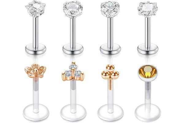 VFUN 16G Acier Chirurgical Diamond CZ Boucle Piercing Oreille Tragus Clair Bioflex Retainer Labret Stud Piercing Lèvre Anneaux Piercing Helix 8 Pièces