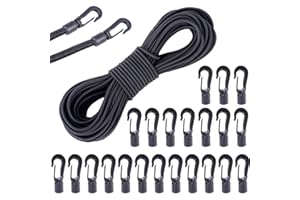 VirtuGro 20M x 4mm Bungee Cords with Hooks Black Elastic Cord with 60Pcs Bungee Cord End Hooks Elastic Rope Shock Cords for Tarpaulin Camping Trailer Tent Netting Backpack Furniture Caravan Cargo