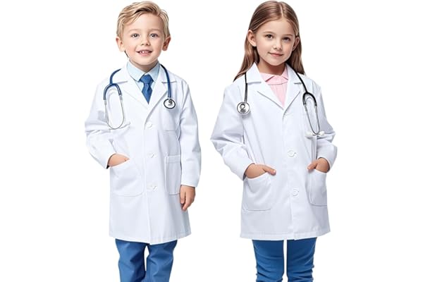 AUYAO Bata de Laboratorio Niños, Bata Blanca Laboratorio Algodón, Bata Medico Blanca Niño Niña, Disfraz Doctor Niño, Bata Cientifico para Estudiant Escuela Hospital Cosplay