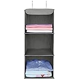 Amazon Brand – Umi Hanging storage, 3 Tiers Wardrobe Storage Organiser Closet Organizer with 2 Hooks, Foldable, Grey