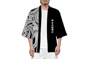 CIZEUR Hombre Hippie Camisa Kimono Japonés Estampado Holgado Manga 3/4