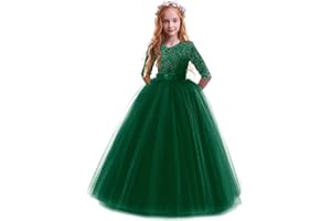 IBTOM CASTLE Flower Girls Lace 3/4 Sleeve Dress Wedding Bridesmaid First Communion Evening Party Floor Length Dress Kids Princess Pageant Birthday Prom Carnival Christmas Ball Gown