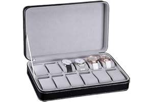 Guolich Caja de Almacenamiento de Reloj Caja de Soporte de Exhibición de Reloj Caja de Almacenamiento de Cuero PU Organizador de Colección de Joyas con Cremallera (12 Ranuras)