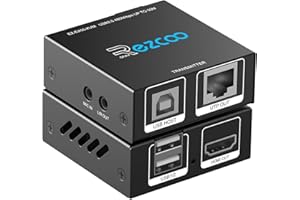 ROFAVEZCO HDMI KVM Extender USB to RJ45 Over Cat5e/6/7 1080P@60Hz up to 150ft/50M, HDMI Over Ethernet Transmitter Receiver Support Keyboard Mouse 2 Ports USB2.0 Hub POE Stereo Audio and Microphone,