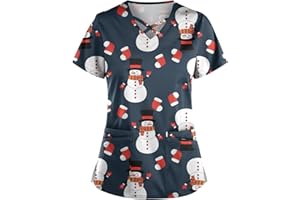 SAYMANY Kasacks Damen Pflege Weihnachten Uniform Berufsbekleidung V-Ausschnitt Motiv Kasack Pflege Loose Leicht Kurzarm Kasack Damenkasack Lady-Fit T-ShirtWorkwear Für Spa, Salon, Massage