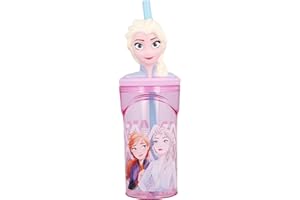 Bicchiere per Bambini in 3D con grafica Disney Frozen da 360 ml, con cannuccia integrata, senza BPA, Riulizzabile e facile da lavare