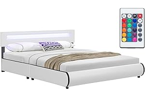 ‎JUSKYS Juskys Polsterbett Sevilla 180x200 cm mit LED Beleuchtung, Lattenrost & Kopfteil - Holz & Kunstleder - 16 Farbeinstellungen & Fernbedienung - Bett Bettgestell Doppelbett - Weiß